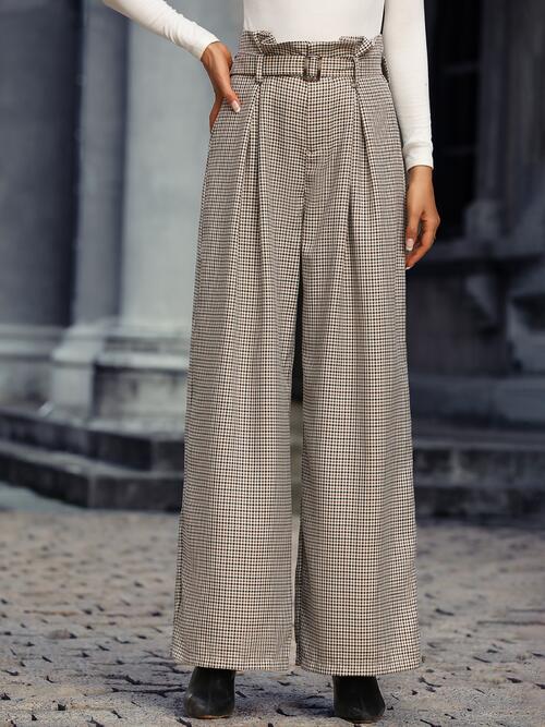 Plaid Wide Leg Pants With Belt - Bellisima Clothing Collective