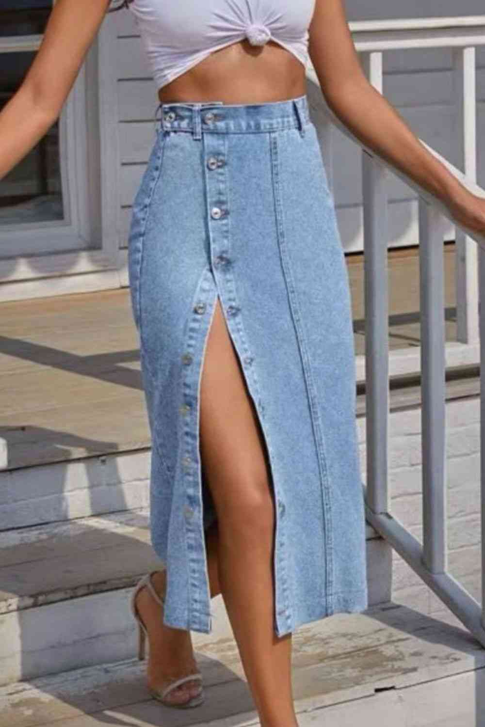 Buttoned Split Denim Skirt - Bellisima Clothing Collective