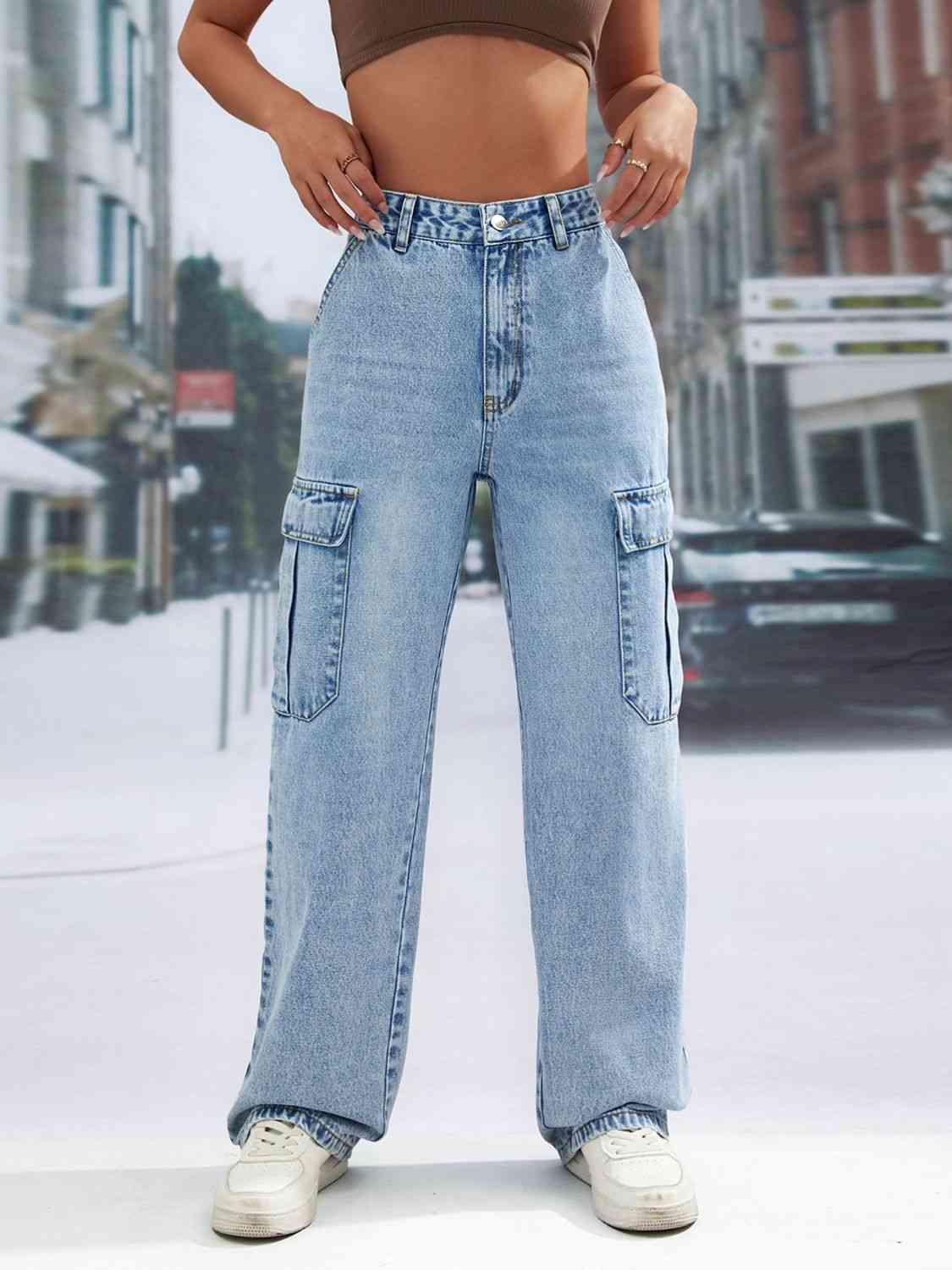 Cargo Wide Leg High Waist Jeans - Bellisima Clothing Collective