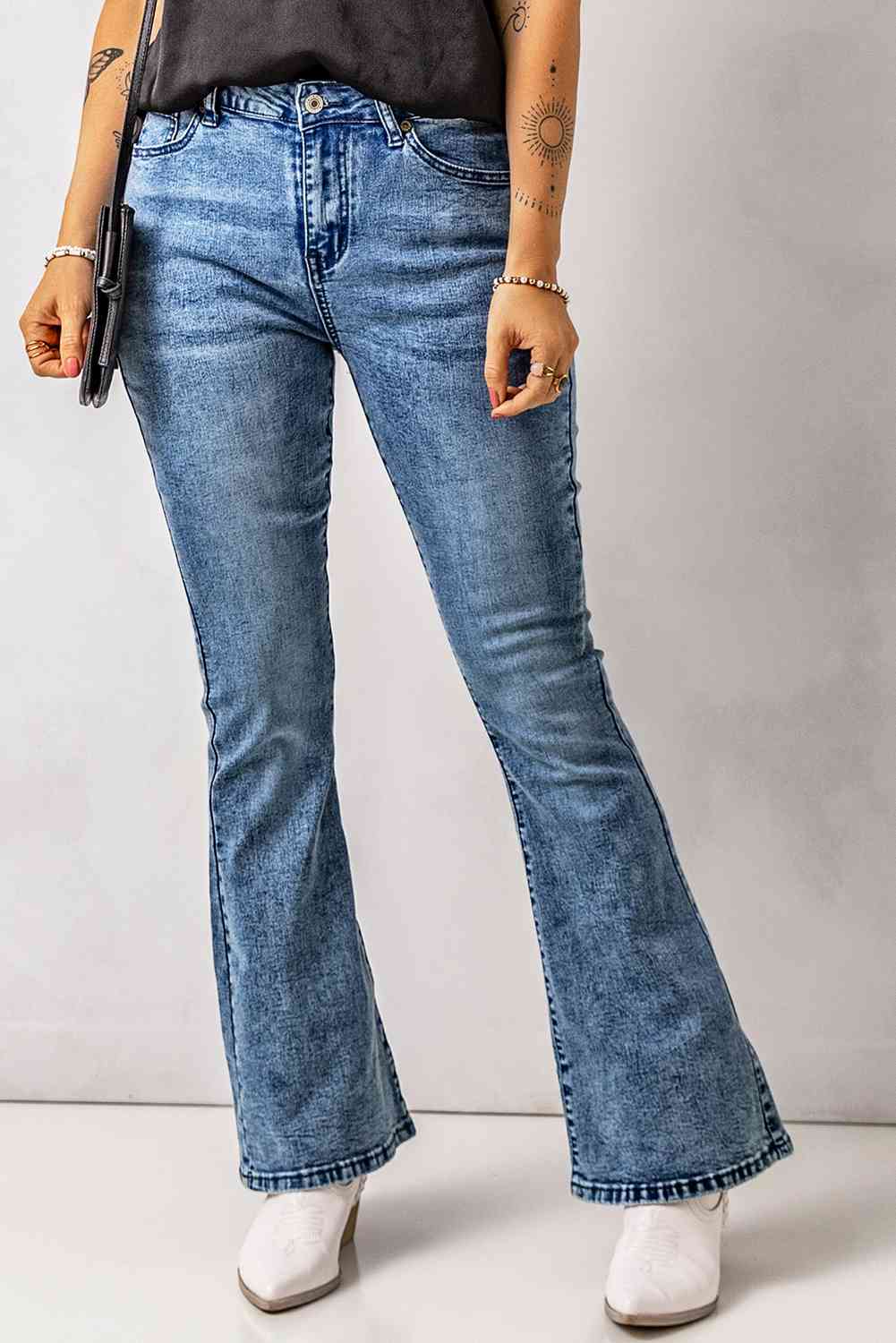 Baeful Vintage Wash Flare Jeans with Pockets - Bellisima Clothing Collective