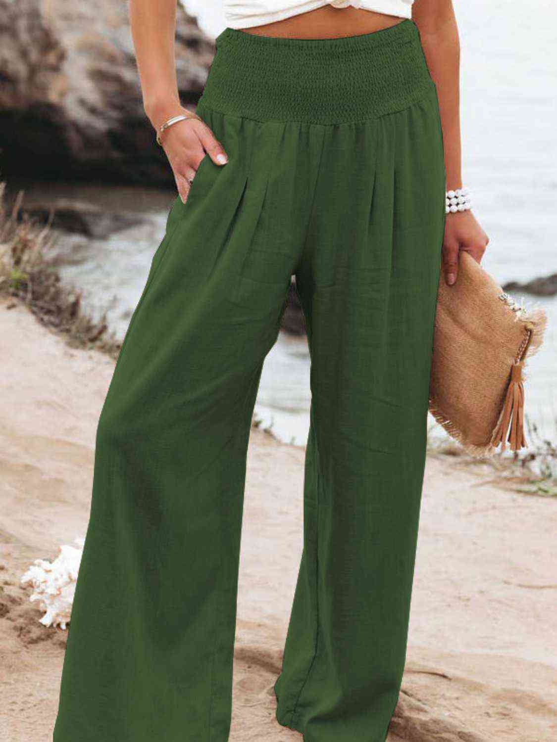 Full Size Smocked Waist Wide Leg Pants - Bellisima Clothing Collective