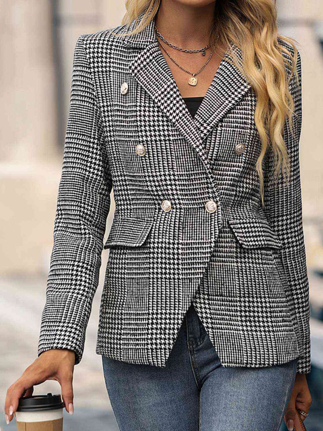 Houndstooth Buttoned Long Sleeve Blazer - Bellisima Clothing Collective