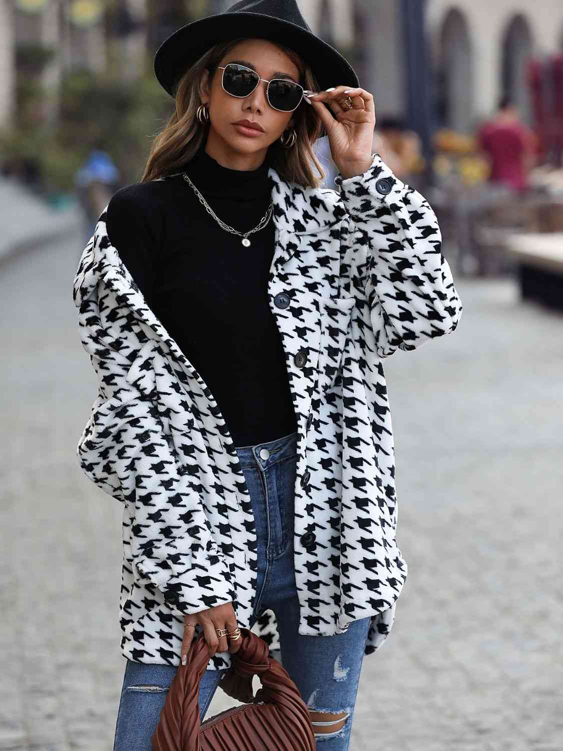 Houndstooth Button Down Jacket - Bellisima Clothing Collective