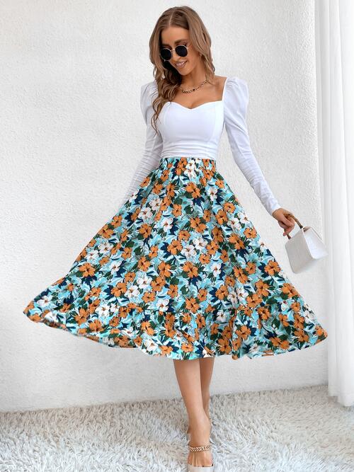 Floral Ruffle Hem Midi Skirt - Bellisima Clothing Collective