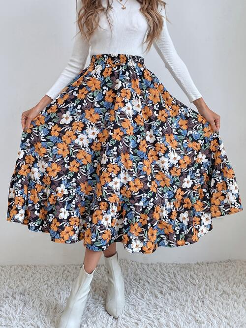 Floral Ruffle Hem Midi Skirt - Bellisima Clothing Collective