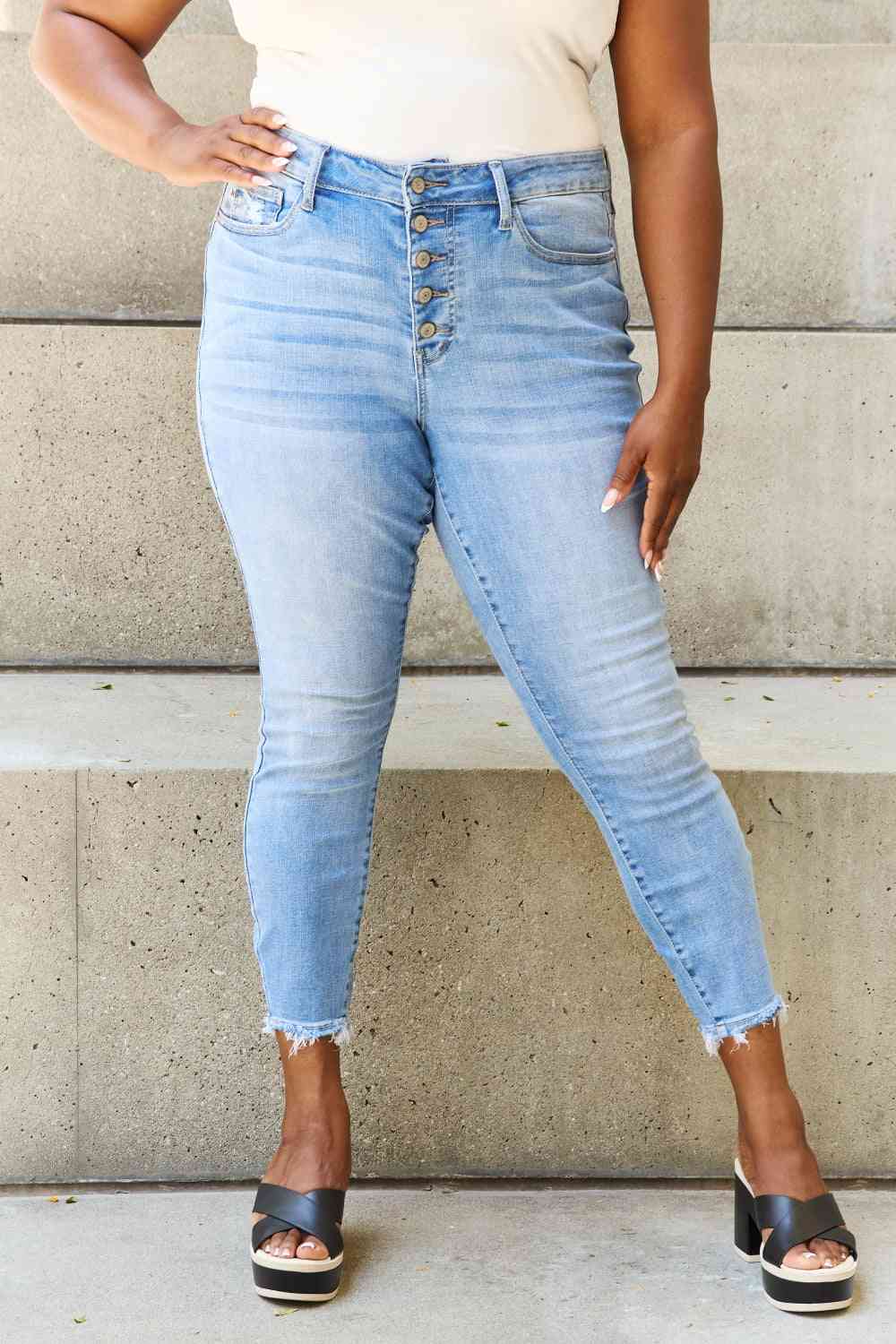 Button Fly Raw Hem Jeans by Judy Blue - Bellisima Clothing Collective