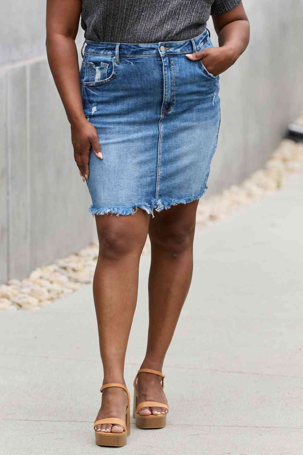 RISEN Amelia Full Size Denim Mini Skirt - Bellisima Clothing Collective