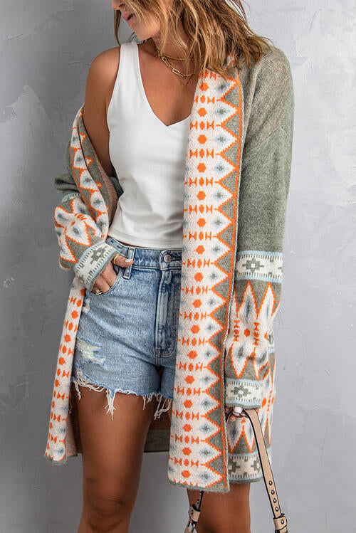 Geometric Open Front Long Sleeve Cardigan - Bellisima Clothing Collective