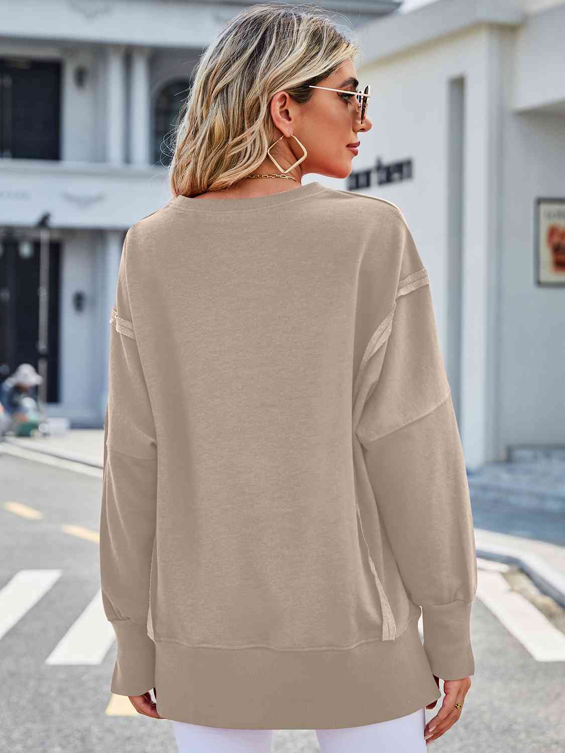 Exposed Seam High-Low Round Neck Sweatshirt - Bellisima Clothing Collective