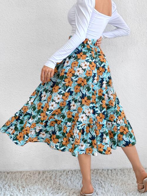 Floral Ruffle Hem Midi Skirt - Bellisima Clothing Collective