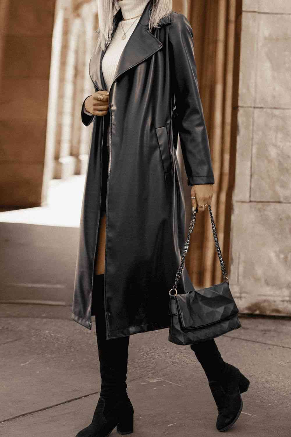Tie Waist Long Sleeve Trench Coat - Bellisima Clothing Collective