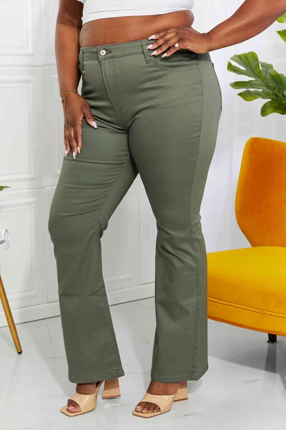 Zenana Clementine Full Size High-Rise Bootcut Jeans in Olive - Bellisima Clothing Collective