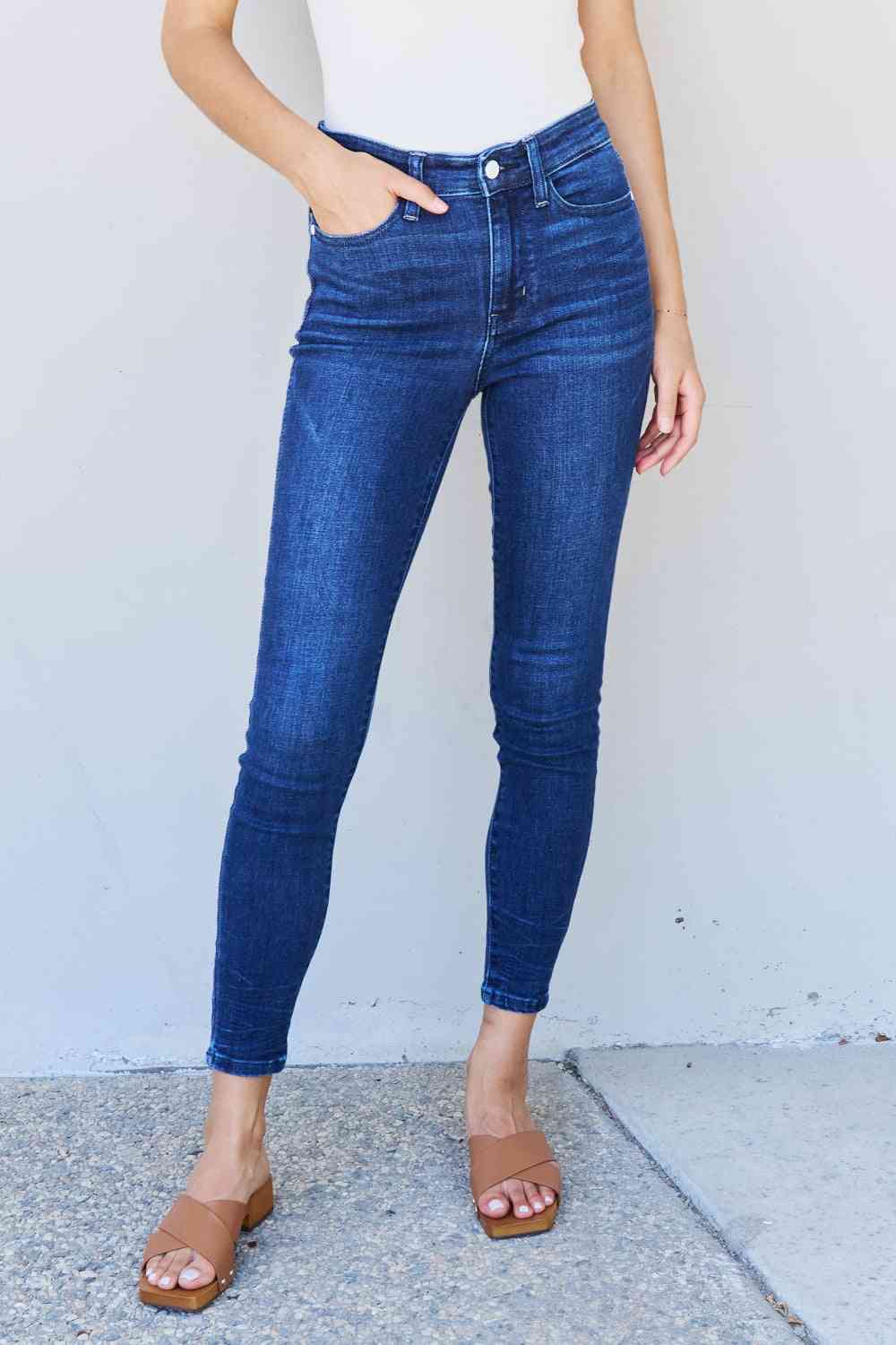 Marie Mid Rise Crinkle Ankle Detail Skinny Jeans by Judy Blue - Bellisima Clothing Collective