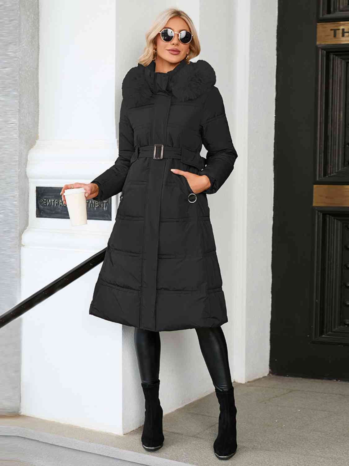 Longline Hooded Winter Coat with Pockets - Bellisima Clothing Collective