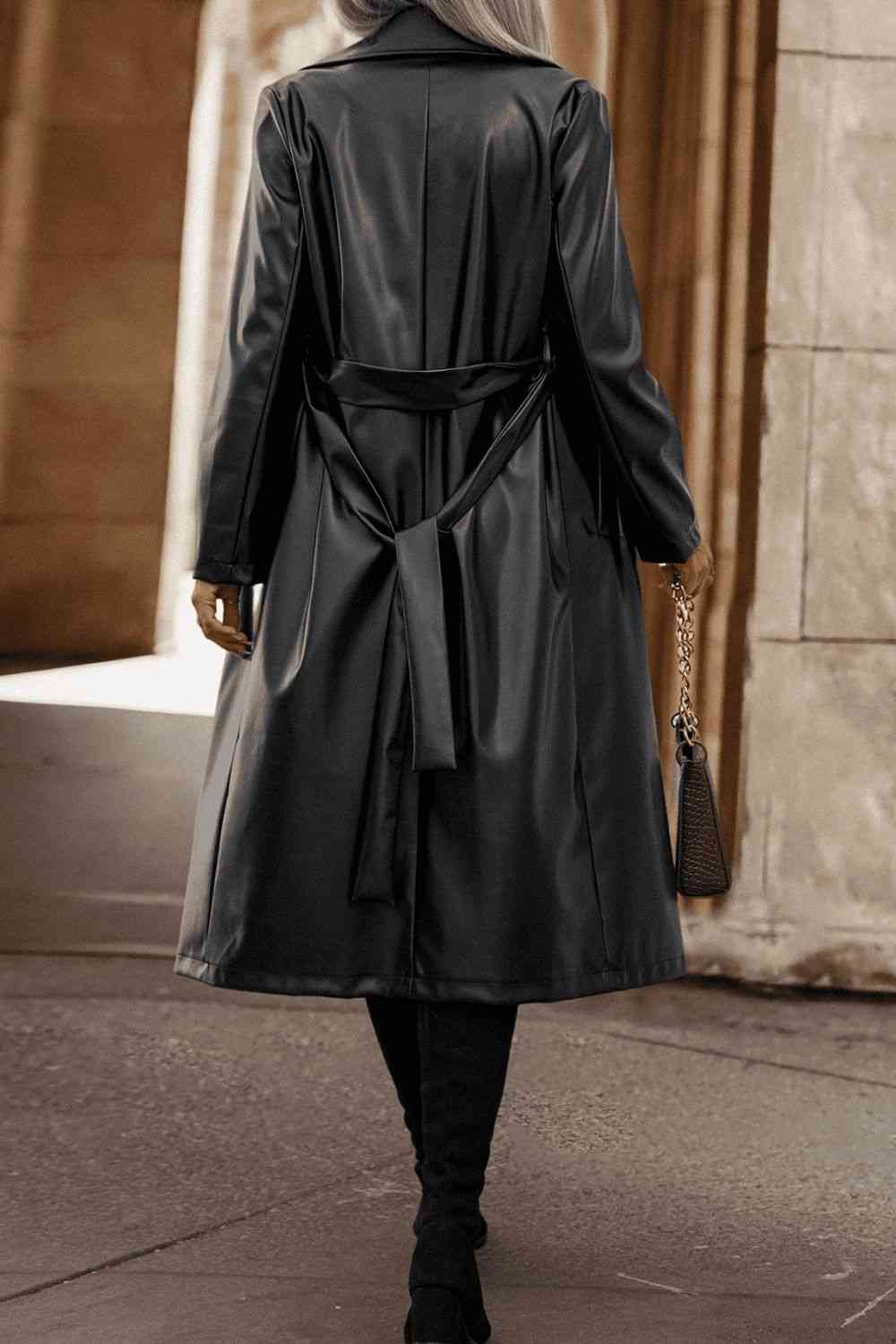 Tie Waist Long Sleeve Trench Coat - Bellisima Clothing Collective