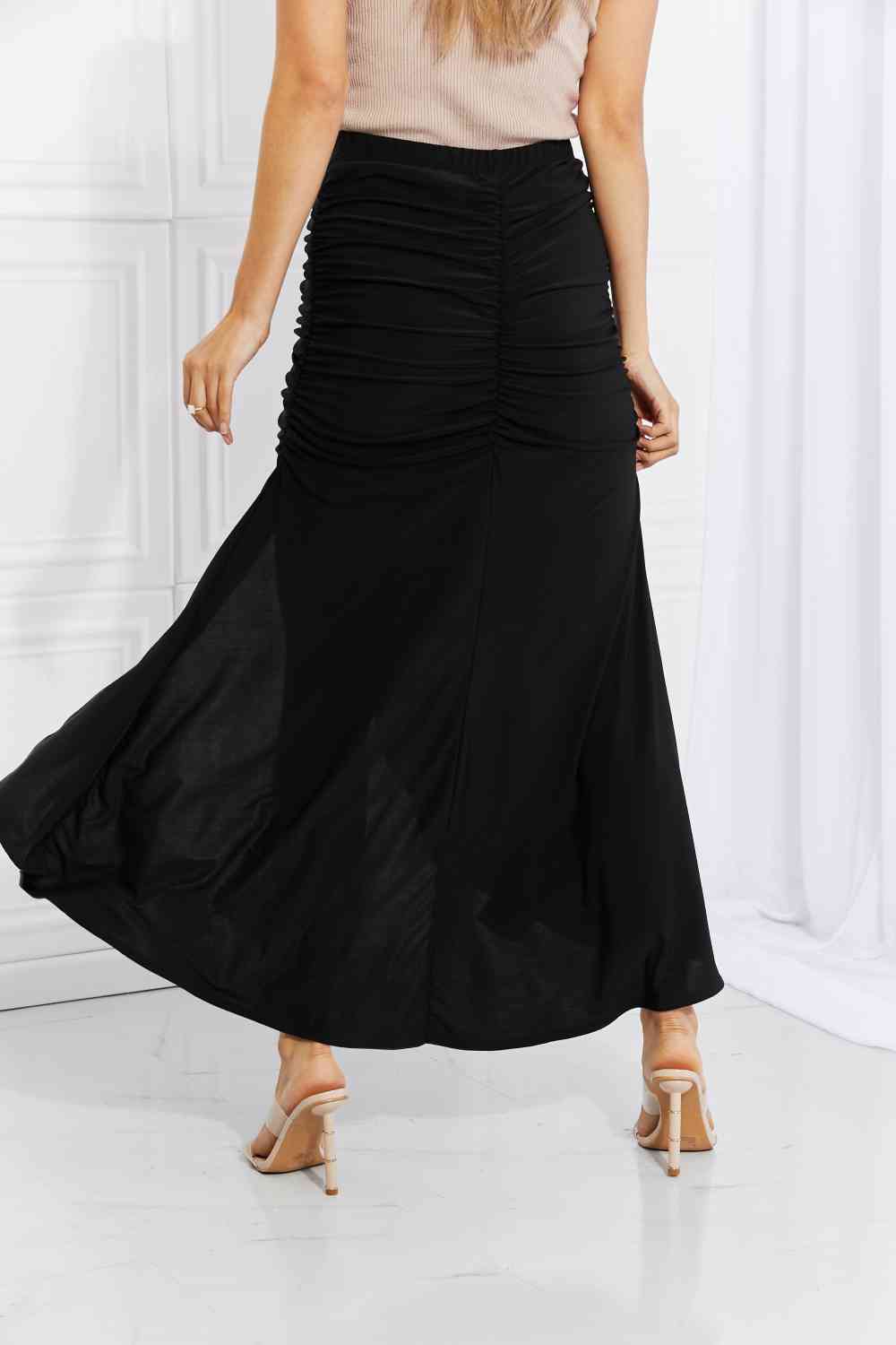 White Birch Full Size Up and Up Ruched Slit Maxi Skirt in Black - Bellisima Clothing Collective