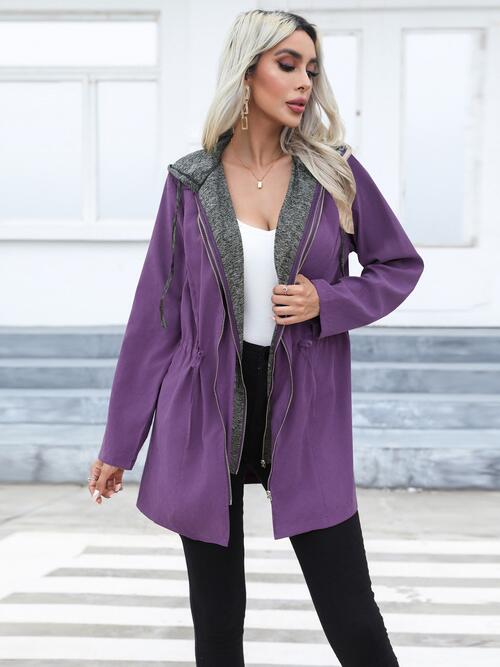 Zip Up Drawstring Hooded Trench Coat - Bellisima Clothing Collective