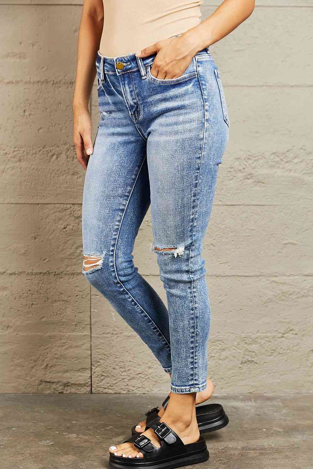 Mid Rise Distressed Skinny Jeans by Bayeas - Bellisima Clothing Collective