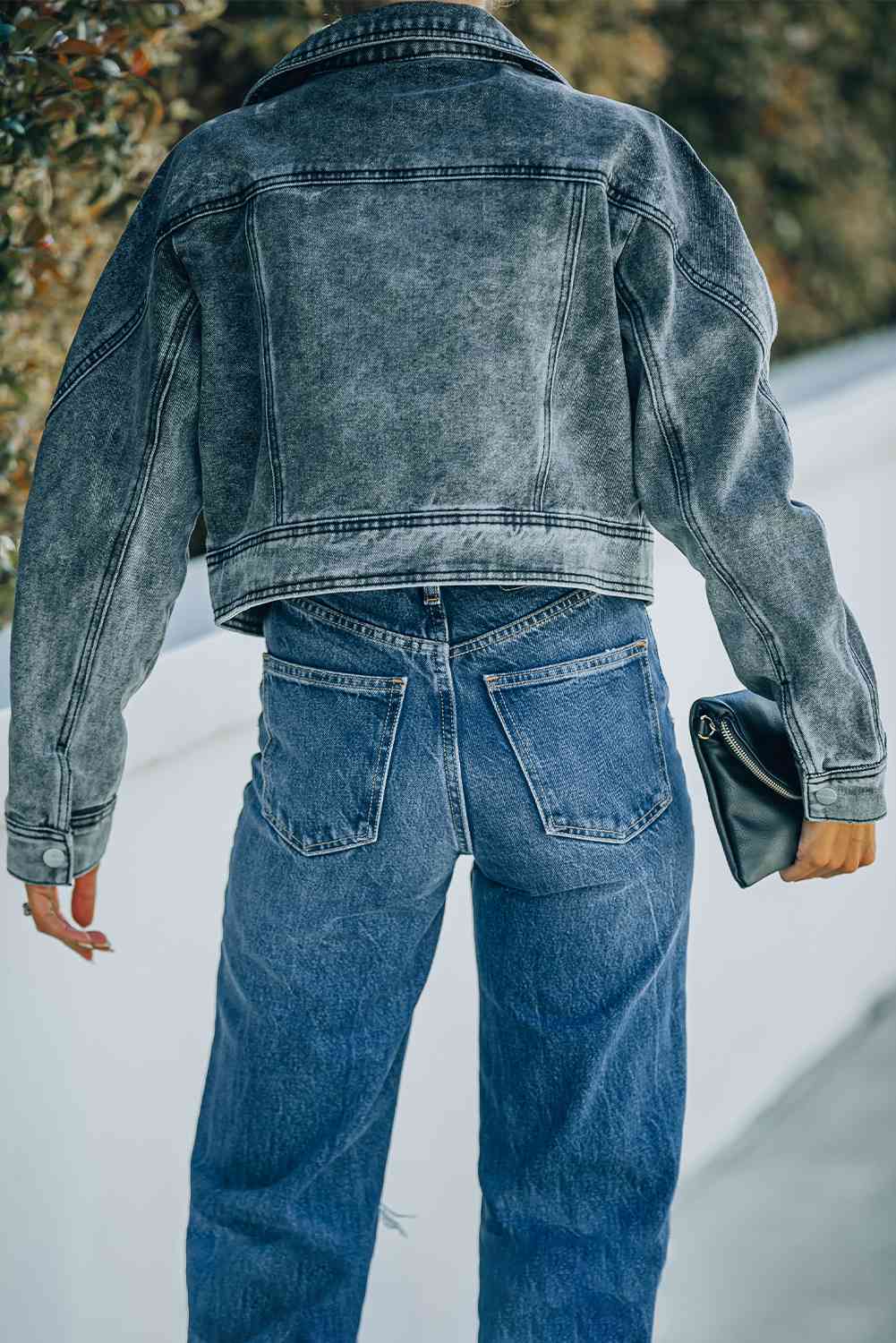 Acid Wash Lapel Collar Cropped Denim Jacket - Bellisima Clothing Collective