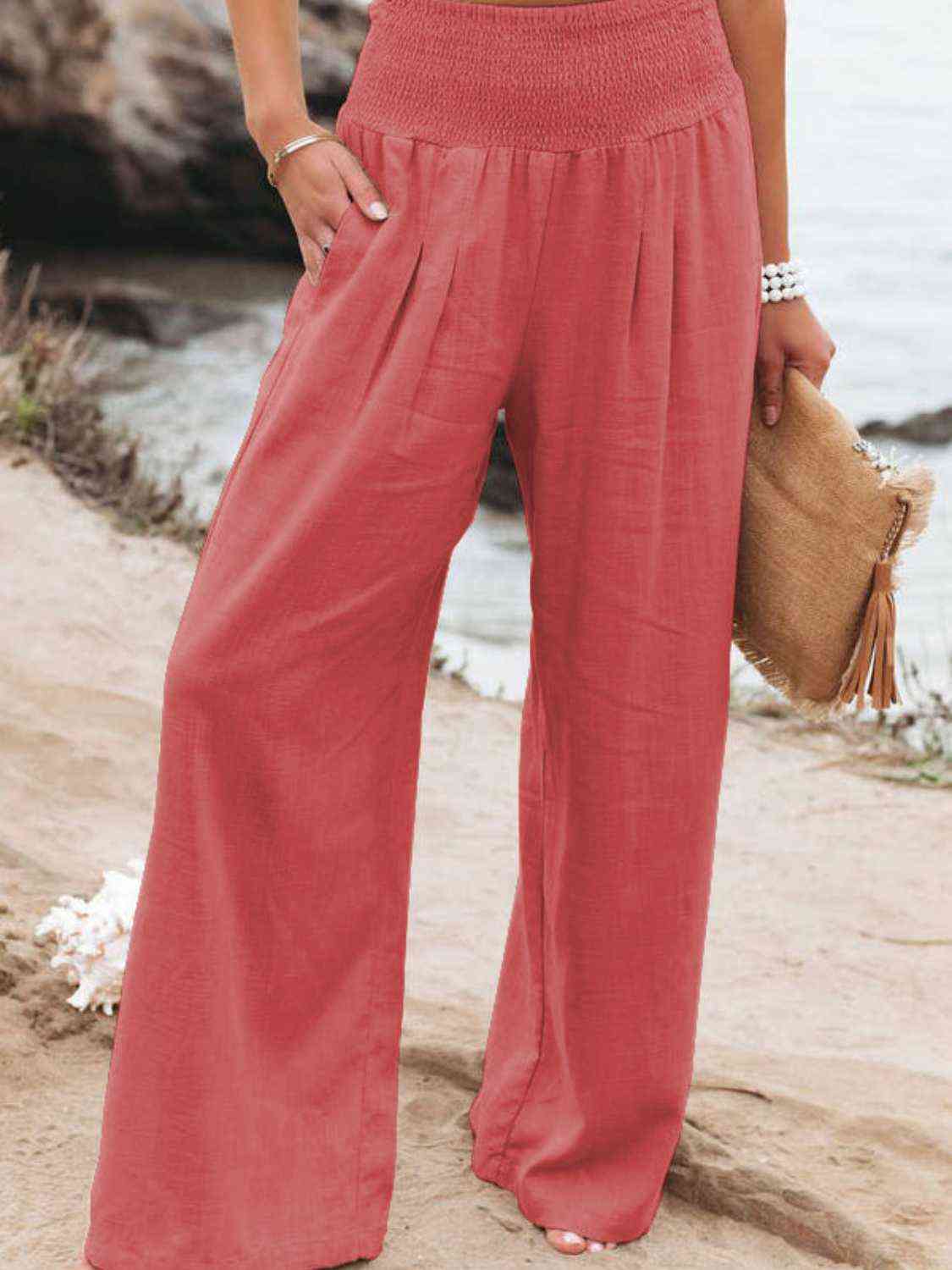 Full Size Smocked Waist Wide Leg Pants - Bellisima Clothing Collective