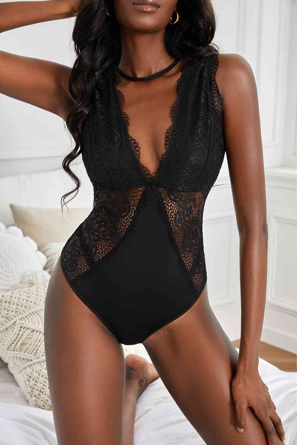 Lace Scalloped Trim Open Back Bodysuit - Bellisima Clothing Collective