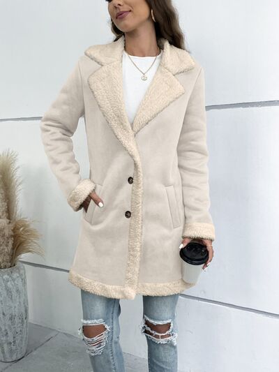 Button Up Lapel Collar Long Sleeve Coat - Bellisima Clothing Collective