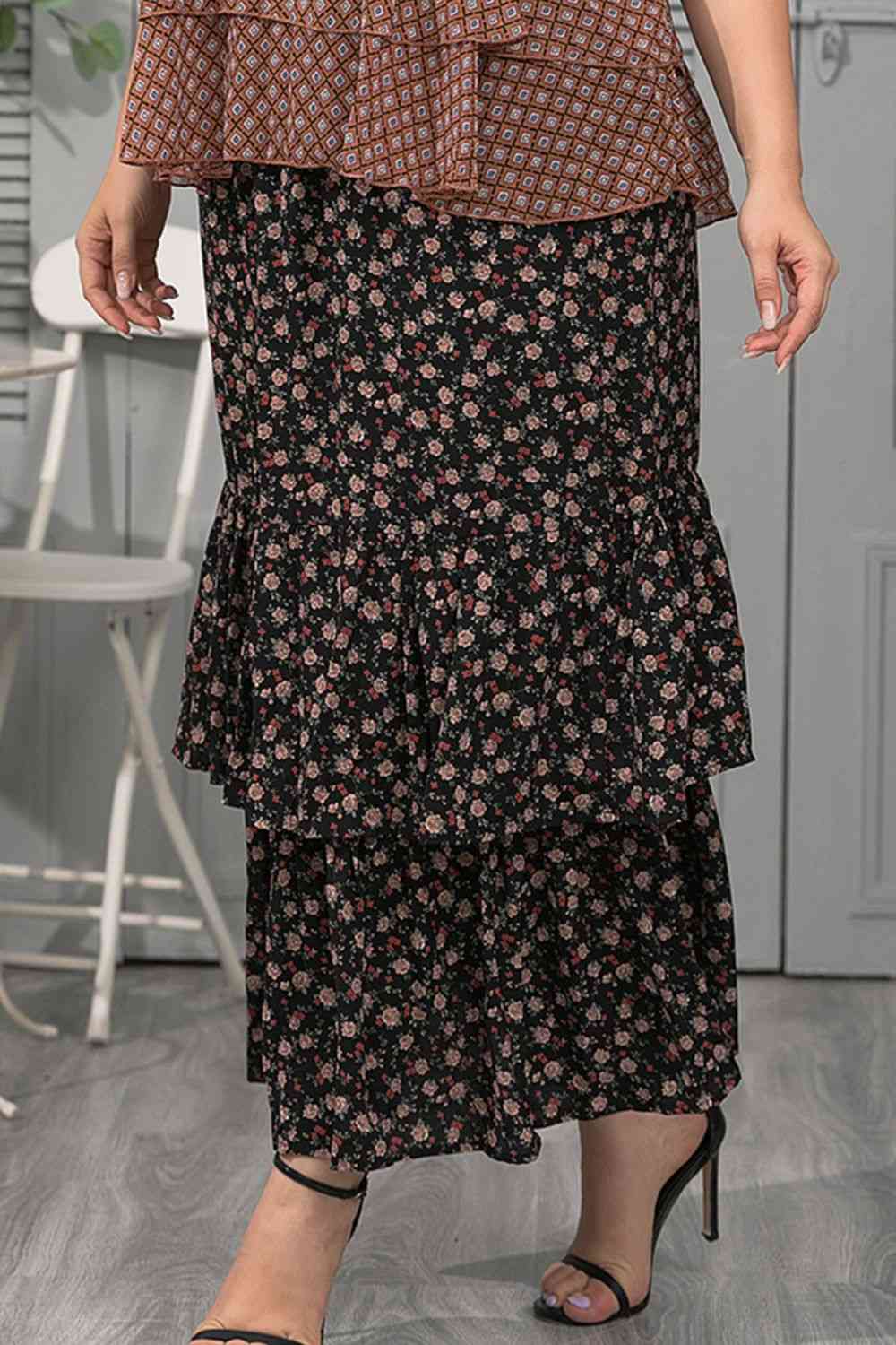 Plus Size Ditsy Floral Layered Maxi Skirt - Bellisima Clothing Collective