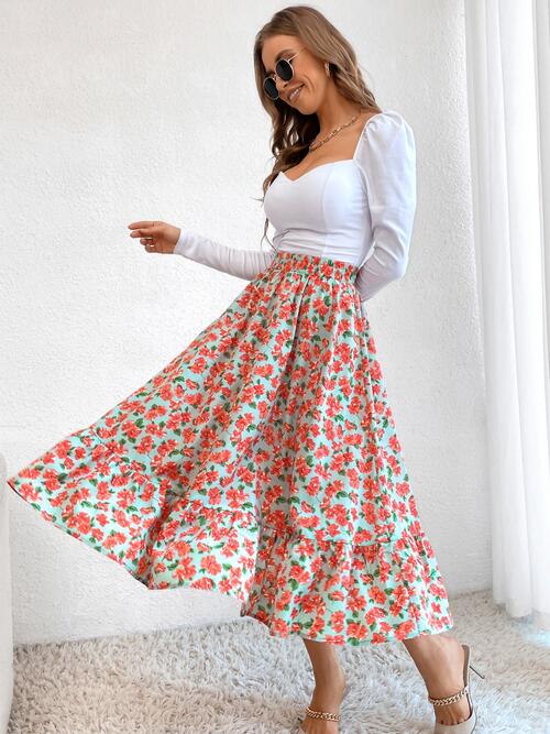 Floral Ruffle Hem Midi Skirt - Bellisima Clothing Collective