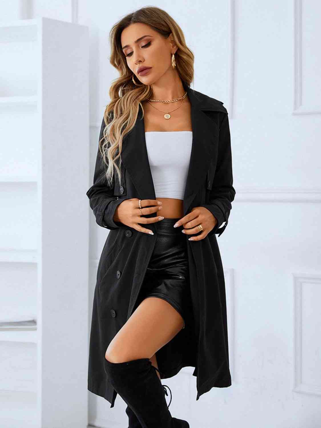 Tie Belt Double-Breasted Trench Coat - Bellisima Clothing Collective