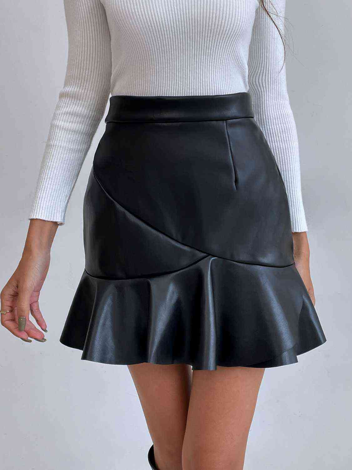 Ruffled Vegan Leather Mini Skirt - Bellisima Clothing Collective